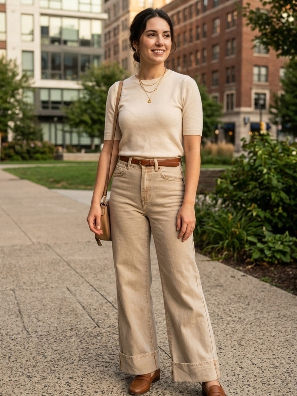 Wide-Leg Jeans in Light Beige — Casual Mid-Rise Flare